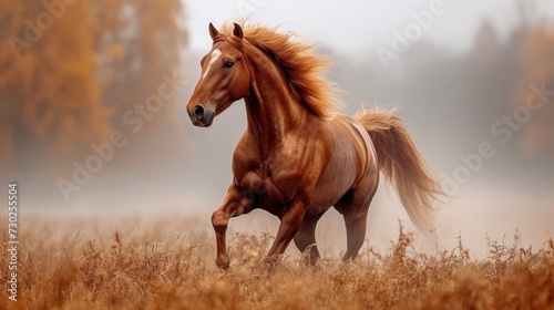 a brown horse running in a field of tall grass with trees in the background and foggy sky in the foreground. © Jevjenijs