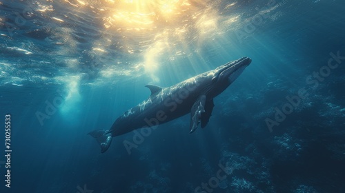 a humpback whale swims under the water's surface, with sunlight streaming through the water's surface.