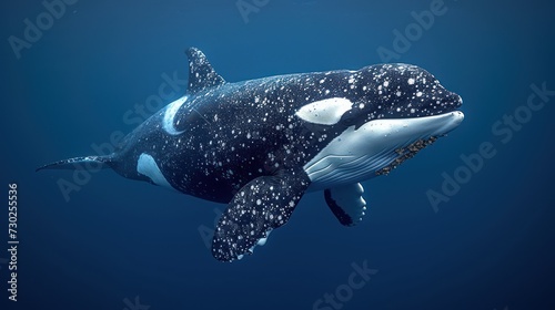 a large black and white whale swimming in the ocean with it s head above the water s surface.