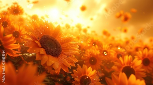 a sunflower in the middle of a field of sunflowers with the sun shining through the clouds in the background. photo