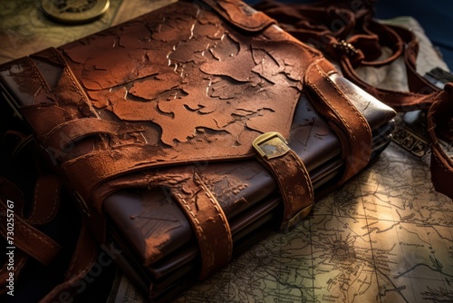 A close up of a pirate's weathered map case filled with navigational secrets and uncharted destinations
