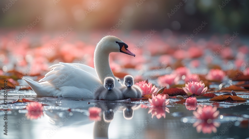a mother swan and her two babies swimming in a pond of water lilies with pink flowers in the background. - obrazy, fototapety, plakaty 