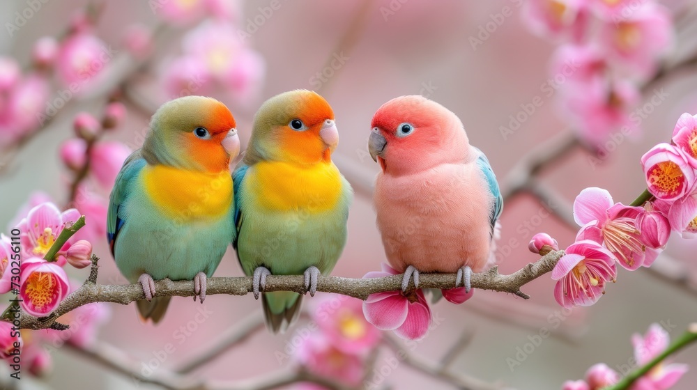 three colorful birds sitting on a branch of a tree with pink flowers in the foreground and a blurry background of pink flowers in the background.