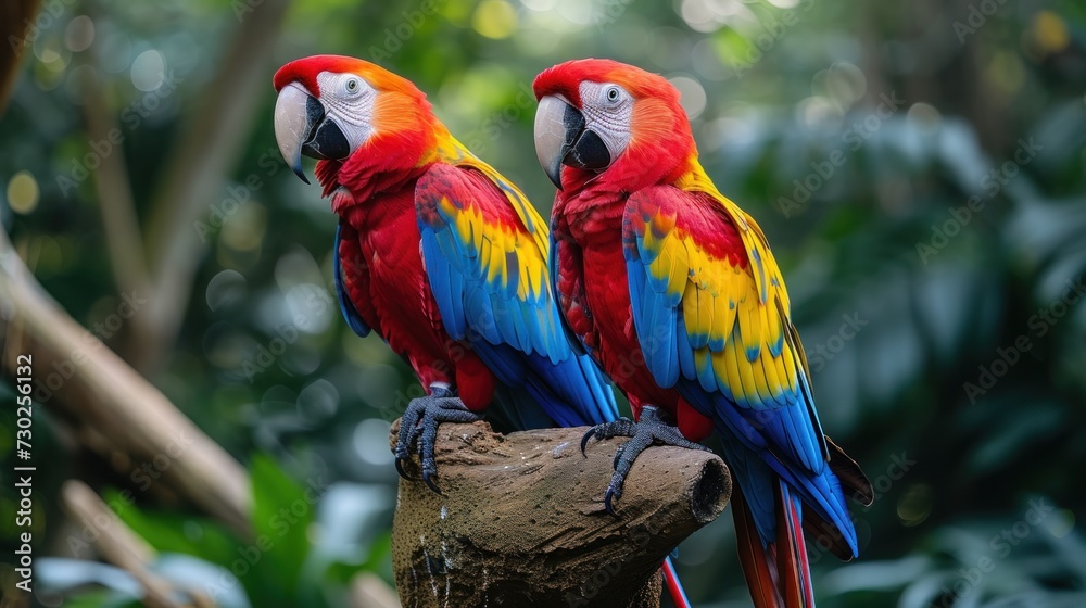 two colorful parrots sitting on top of a tree branch in a tropical setting with greenery in the background.