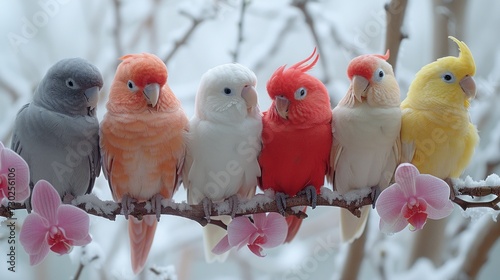 a group of birds sitting on top of a tree branch next to a pink and white flower on a snowy day. photo