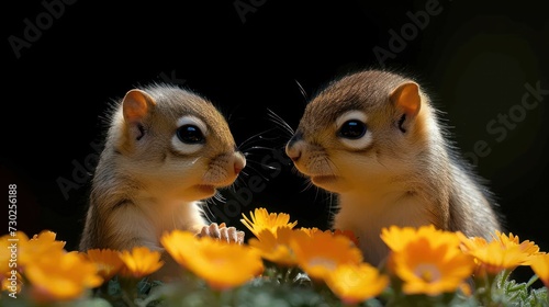 a couple of small animals standing next to each other on top of a field of yellow and white daisies.