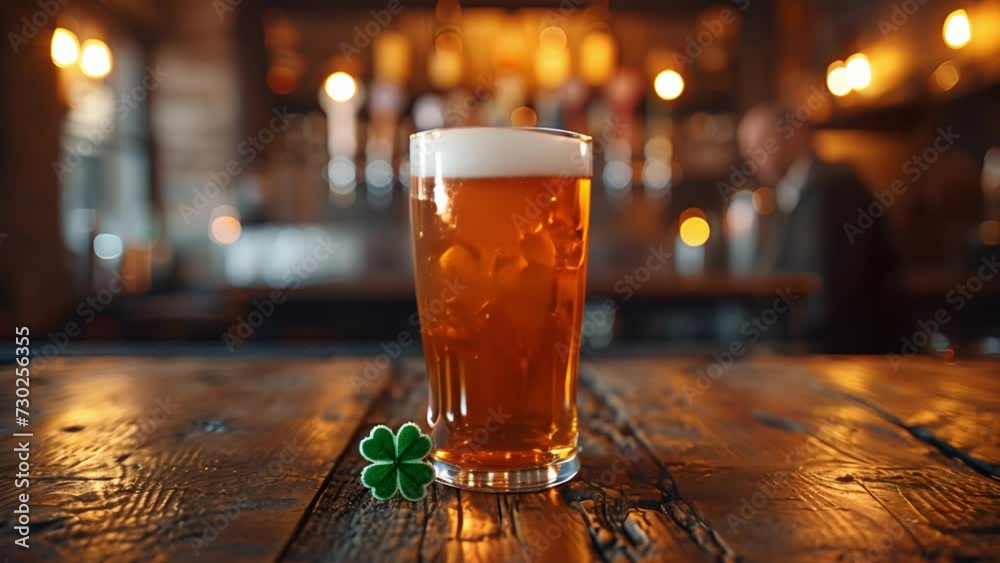 Saint Patrick's day.Glass of beer on bar with four clover leaves. Traditional festival symbols. Shamrock. Glass of beer on bar in pub on wooden table sparkling lights. 4k copy space