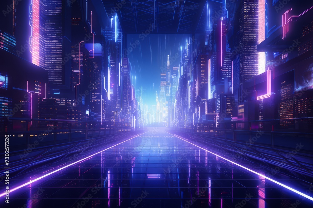 Abstract cyberpunk backdrop blending neon lights and futuristic textures - obrazy, fototapety, plakaty 