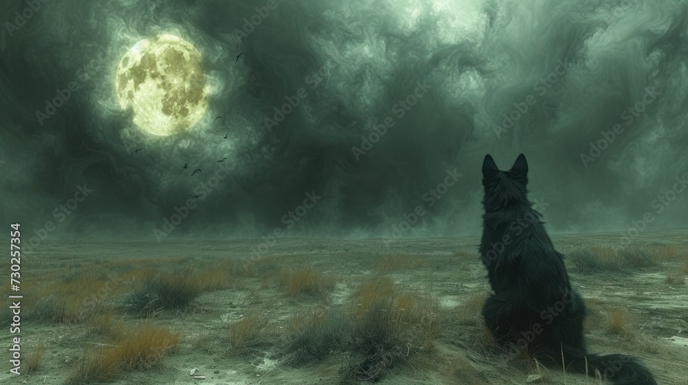 a black dog sitting in the middle of a field with a full moon in the sky in the back ground.