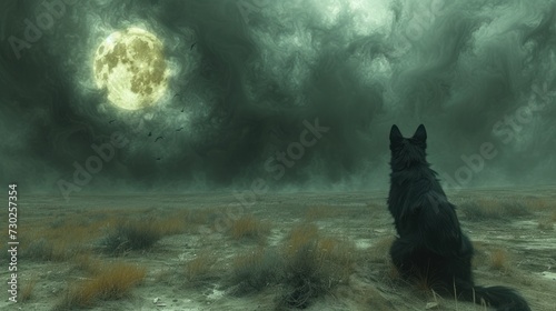 Obraz na plátně a black dog sitting in the middle of a field with a full moon in the sky in the back ground
