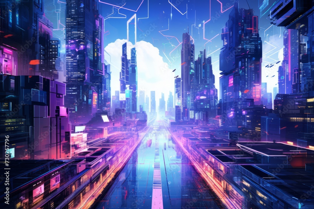 Aerial shot capturing the sprawling cyberpunk cityscape with vibrant neon hues