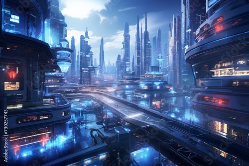 Aerial shot capturing the futuristic flow of information in a cyberpunk city