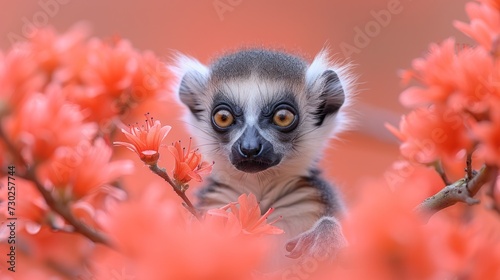 a close up of a small animal on a tree with flowers in the foreground and a blurry background.