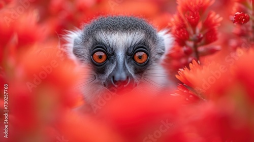 a close up of a monkey in a field of red flowers with a surprised look on it's face.