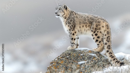 a snow leopard standing on top of a rock in the middle of a snow covered field with a gray sky in the background.