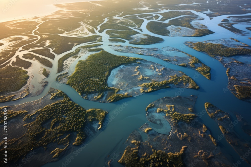 An aerial view of a river delta meeting the sea, showcasing the intricate interplay of freshwater and marine environments that demand monitoring