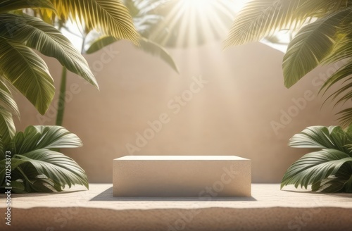 marble 3 D podium for product presentation, decorated with tropical leaves, 3D rendering