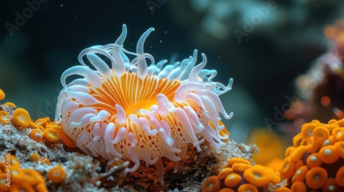 a close up of an orange and white sea anemone on a coral with other corals in the background.