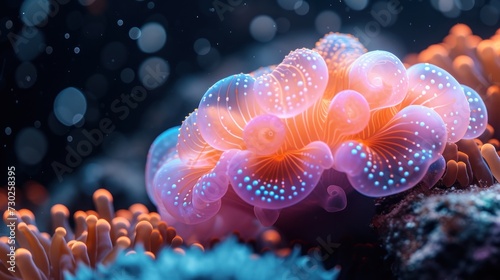 a close up of a pink and blue sea anemone with white dots on it's outer body. © Jevjenijs