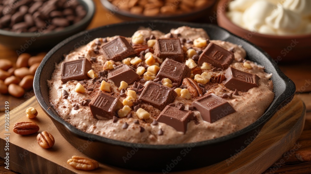 a pan filled with chocolate and nuts on top of a wooden cutting board next to a bowl of ice cream.