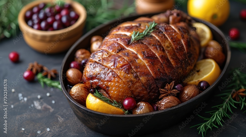a roasted turkey in a roasting pan with cranberries, oranges, lemons, and rosemary. a roasted turkey in a roasting pan with cranberries, oranges, lemons, and rosemary.