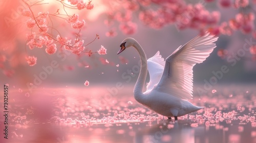 a white swan flying over a body of water next to a tree with pink flowers on it's branches. photo