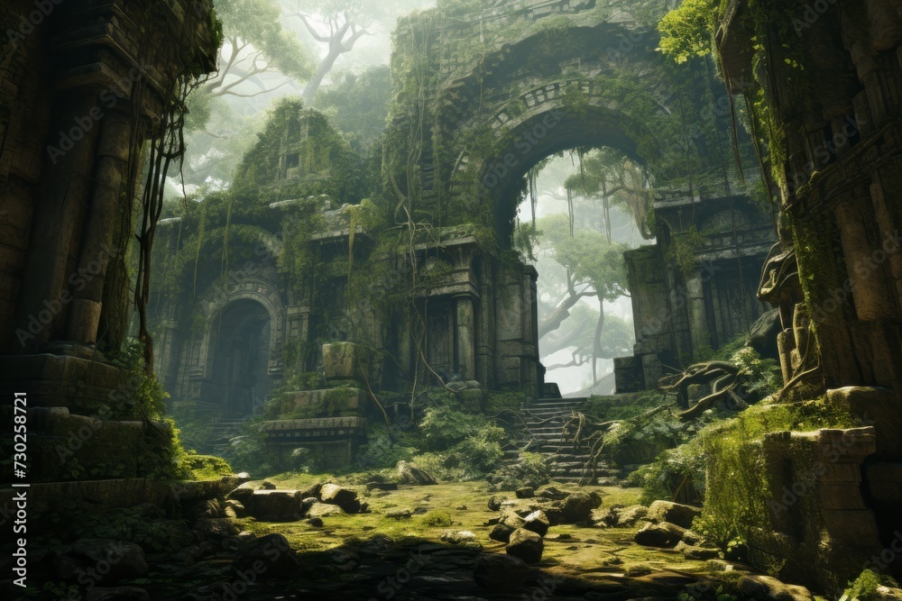 Ancient ruins integrated into a wild and untamed natural environment