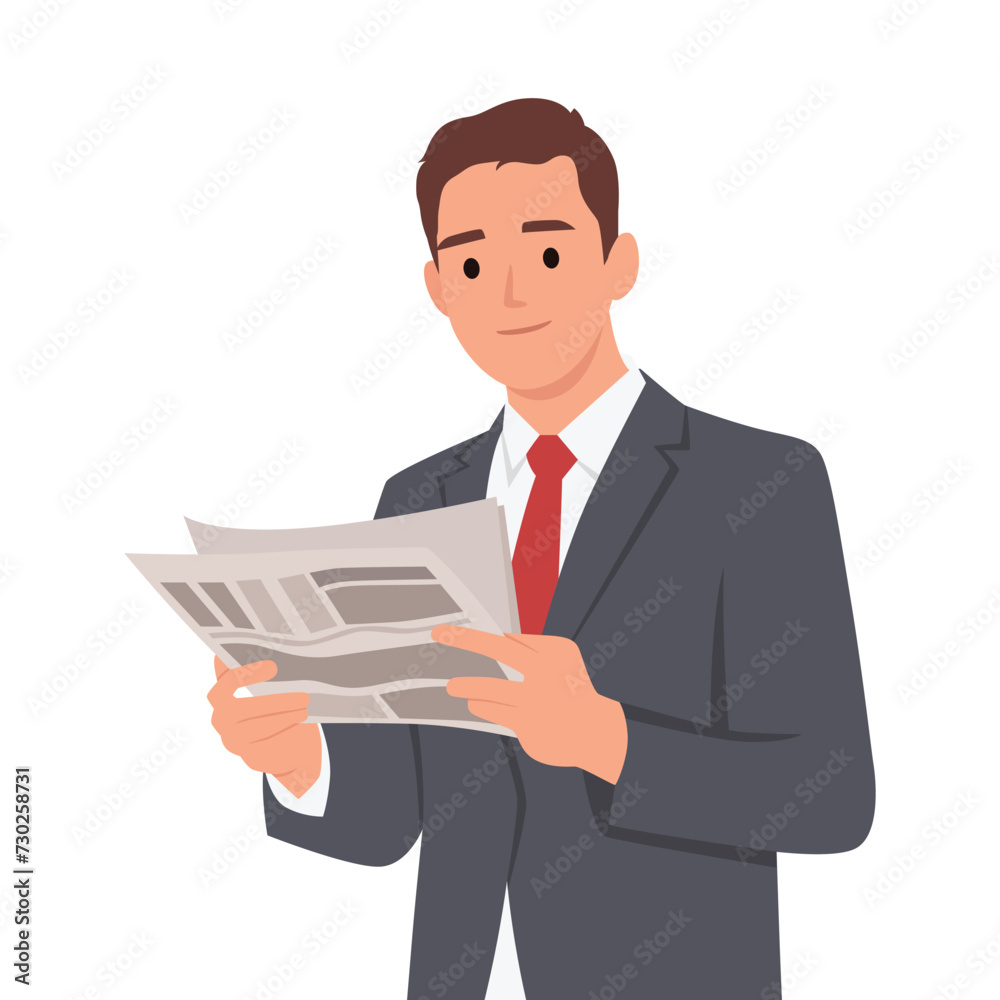 Standing business man reading. Holding opened newspaper in hands. Flat vector illustration isolated on white background Standing business man reading. Holding opened newspaper in hands. Flat vector illustration isolated on white background