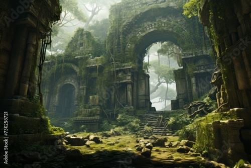 Ancient ruins integrated into a wild and untamed natural environment