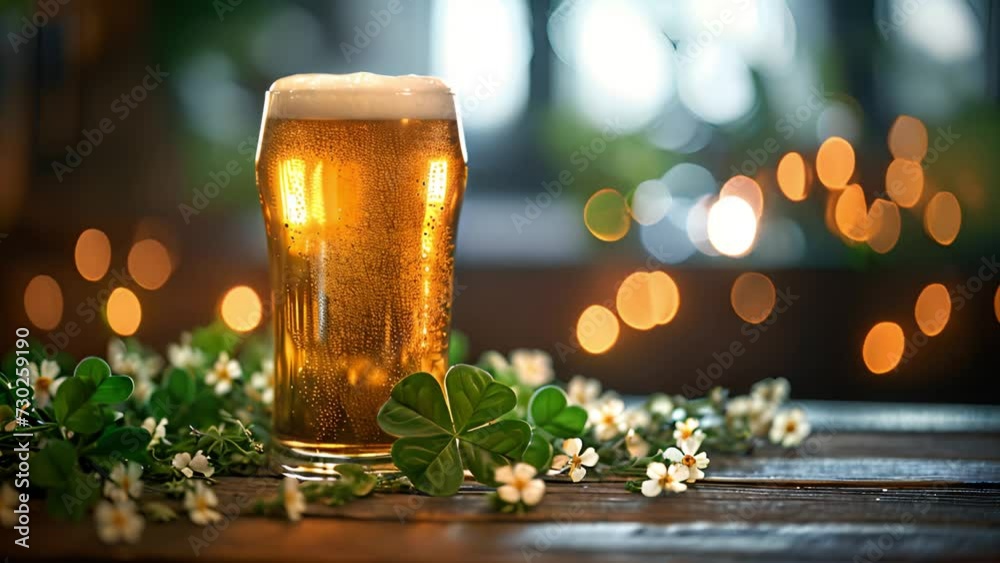 Saint Patrick's day.Glass of beer on bar with four clover leaves. Traditional festival symbols. Shamrock. Glass of beer on bar in pub on wooden table sparkling lights. 4k copy space