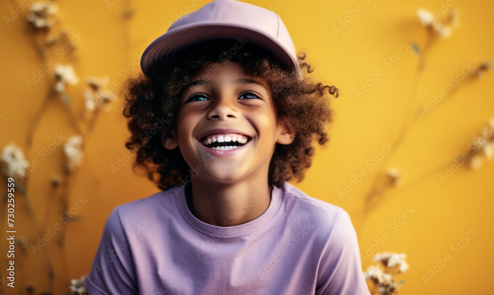 Fototapeta premium Bright-eyed boy with curly hair wearing a cap and shirt smiles against a vivid background, radiating joy and youthfulness