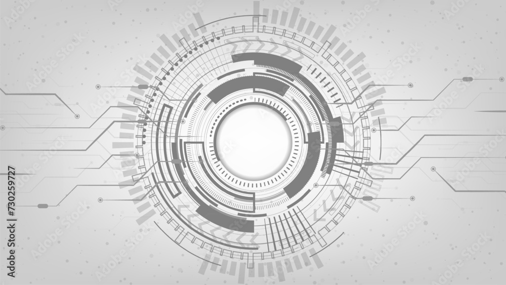 Grey white Abstract technology background with various technology elements Hi-tech communication concept innovation background Circle space for your text.  Structure pattern technology backdrop.