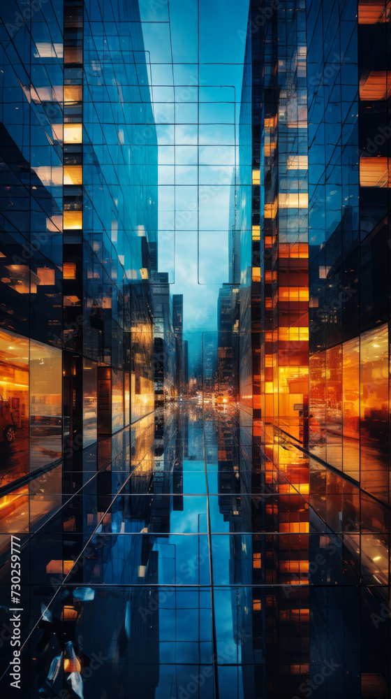 Intricate reflection of city lights on the glass facade of modern skyscrapers at dusk, showcasing the vibrant life within