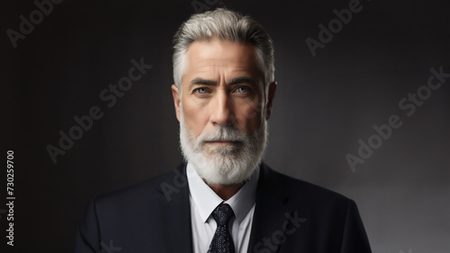 A professional Matured Man age around 65 years in a dark, elegant suit and tie is portrayed against a black backdrop, exuding an air of mystery and sophistication. 