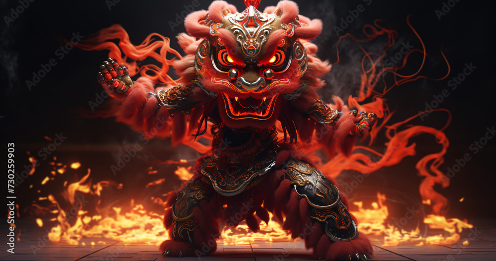 
Chinese lion dance, performed by a red dragon. 