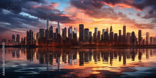 Dramatic Sunset Over a Bustling City Skyline with Reflective Waterfront, Majestic Clouds, and a Glowing Horizon Casting Warm Light on Skyscrapers