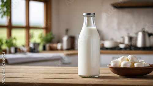 Glass milk bottle on wooden table top in front, blurred rustic kitchen background. Fermented milk products advertising banner