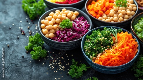 a table topped with bowls filled with different types of veggies next to broccoli and chickpeas.