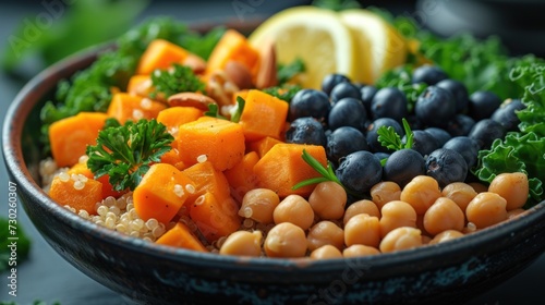 a close up of a bowl of food with broccoli, carrots, beans, and lemon wedges.