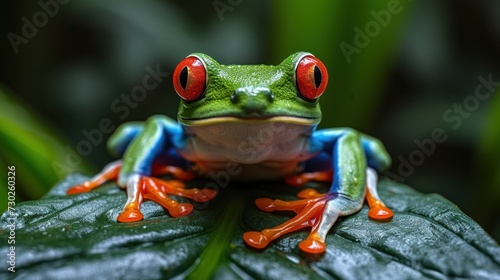 a close up of a frog on a leaf with a red - eyed frog on top of it's head.