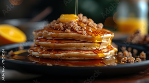 a stack of pancakes on a plate with syrup being drizzled on top of them with a spoon.
