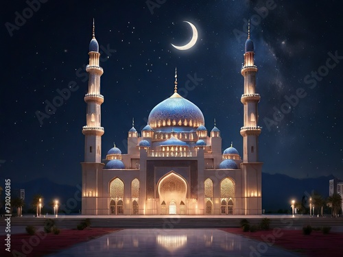 Photo Eid al-Fitr Celebration Best Mosque Glowing under Starry Night Sky with Crescent Moon Background