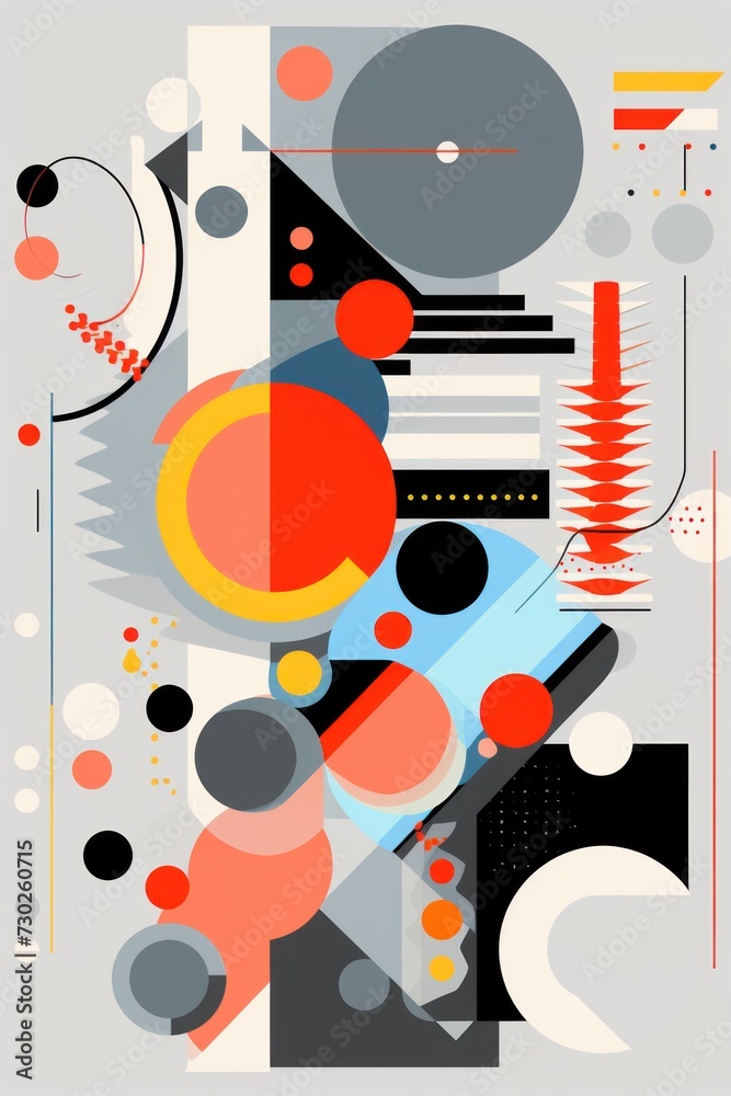 A Gray poster featuring various abstract design elements, in the style of pop art