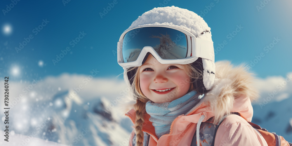 Banner with cute smiling girl in a ski helmet with mountains copy space as the background. Banner with cute smiling girl in a ski helmet with mountains copy space as the background.