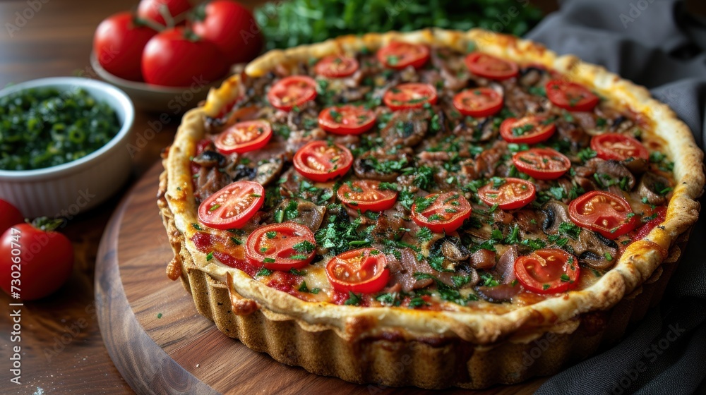 a close up of a pie on a table with tomatoes and spinach in a bowl on the side of the pie. a close up of a pie on a table with tomatoes and spinach in a bowl on the side of the pie.