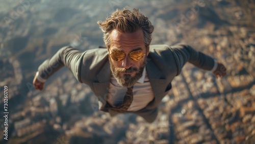Business Mann als Superheld fliegt hoch, ai generativ photo