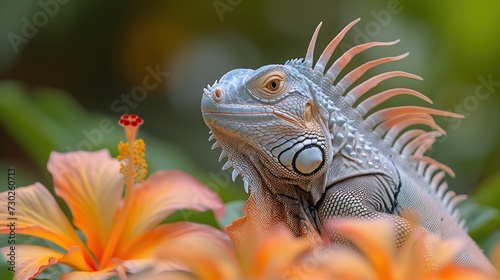 a close up of an iguana on a plant with a flower in the foreground and a blurry background.