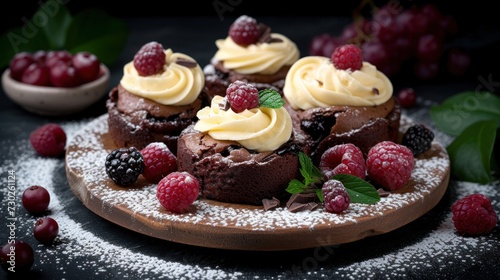 a plate topped with cupcakes covered in frosting and raspberries next to a bowl of raspberries. photo