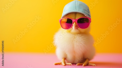 cute young fluffy Easter chick baby with cap and sunglasses photo