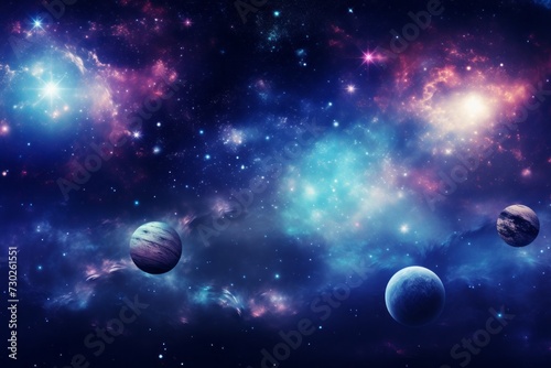 Cosmic and celestial wallpaper background featuring planets and stars in the night sky © KerXing